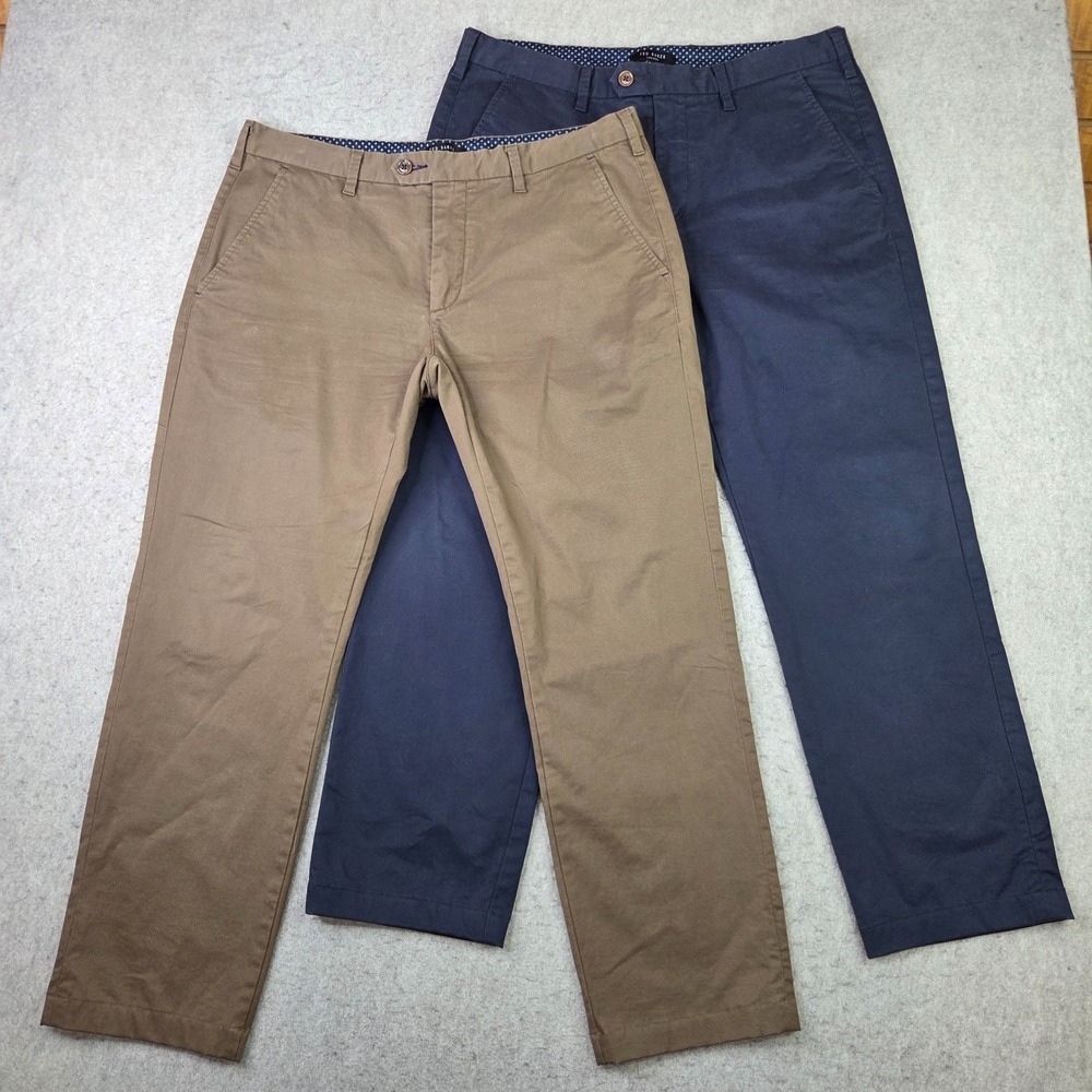 Lot of 2 Ted Baker Chino Pants Mens 34x28 Blue Brown Flat Front Business